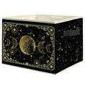 Mystical Witchy Moon Phase Storage Bin Box with Handles, Black and Gold Celestial Astrology Foldable Linen Fabric Laundry Basket for Home Bedroom Bathroom Clothes Toys Books