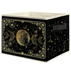 Mystical Witchy Moon Phase Storage Bin Box with Handles, Black and Gold Celestial Astrology Foldable Linen Fabric Laundry Basket for Home Bedroom Bathroom Clothes Toys Books