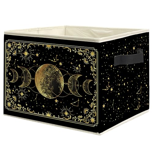 Mystical Witchy Moon Phase Storage Bin Box with Handles, Black and Gold Celestial Astrology Foldable Linen Fabric Laundry Basket for Home Bedroom Bathroom Clothes Toys Books