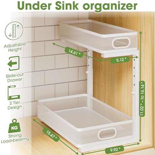 Under Sink Organizer 2-Pack, Metal 2-Tier Pull-Out Cabinet Shelf with Slide-Out Mesh Drawers, Height Adjustable, Space-Saving Under Sink Storage Racks for Kitchen, Bathroom, Laundry Room, White - color: White