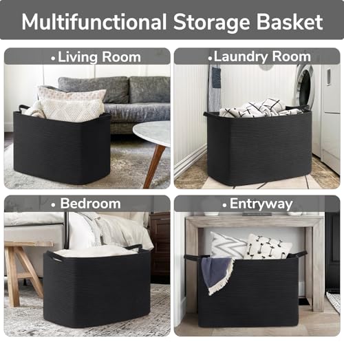 Goodpick Large Woven Storage Basket, 105L Extra Large Blanket Basket for Living Room, Bedroom, Rectangle Cotton Rope Organizer for Toy Storage, 25”x16”x16”, Black - color: Black, size: XX-Large(25"L x 16"W x 16"H)