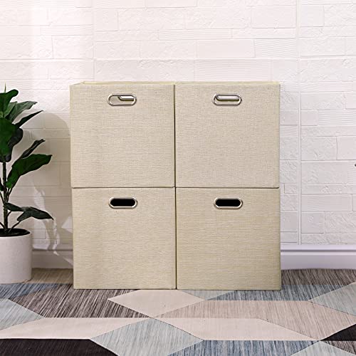 Cube Storage Bins 13×13 Inch Linen Foldable Box with Handles, Collapsible Organization Basket Set of 4 Large Capacity Drawer for Closet Shelf Cabinet Bookcase Bedroom, Beige - color: Beige