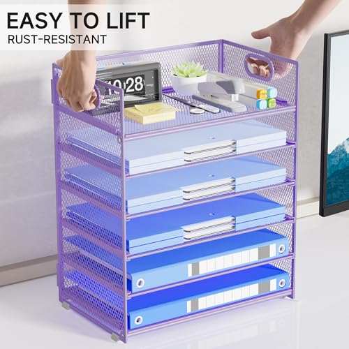 Purple Paper Organizer for Desk with Handle, 6-Tier Metal Mesh File Organizer | Stackable Desktop Organizer for Office Supplies & Stationery Storage - color: Purple, size: 12.6" x 9.1" x 13.5"