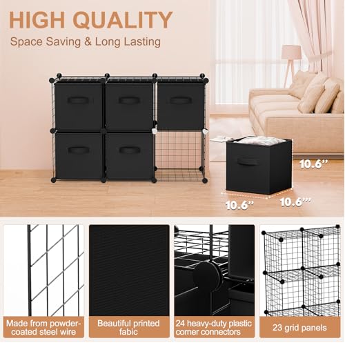 Leinuosen 6 Cube Storage Organizer with 6 Foldable Fabric Storage Bins, Metal Wire Grid Shelves, Stackable Modular Closet Organizer for Bedroom Living Room Office Toys Books(Black,Black) - color: Black,Black