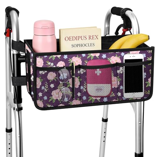 Dotday Upgraded Walker Basket with Cup Holder, Foldable Walker Bag with Large Capacity & Never Tipping Over- Not Fit for Rollator - color: Purple