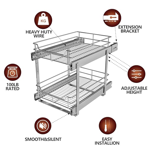 JOWBOOW 2-Tier Pull Out Cabinet Organizer (17.5" W x 22" D), Pull Out Shelves and Drawer for Kitchen Pantry Storage Basket, Heavy-Duty Metal Sliding Shelf, Chrome Finish - size: 17.5 x 22 Inch