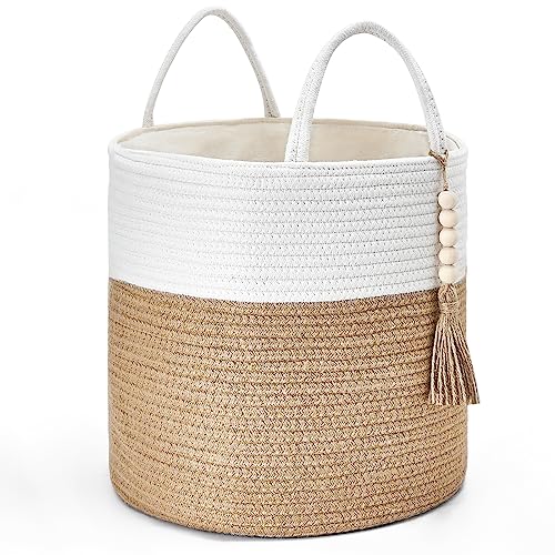 Mkono Woven Storage Basket Decorative Rope Basket Wooden Bead Decoration for Blankets,Toys,Clothes,Shoes,Plant Organizer Bin with Handles Living Room Home Decor, 11" W × 11" L, Cream White and Brown - color: Cream White and Brown, size: 11"W x 11"L