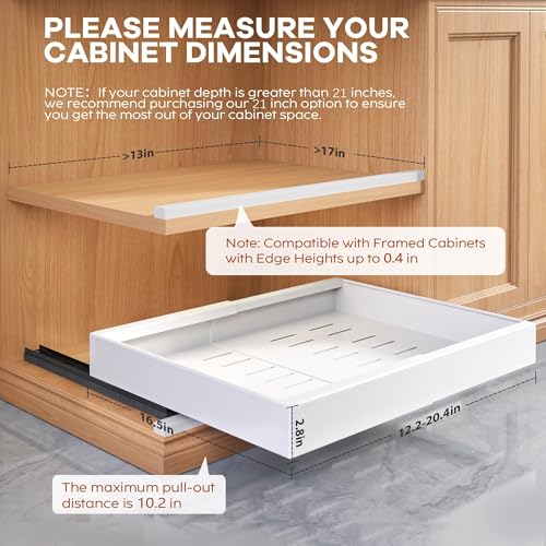 Seinloes 2 Pack Expandable Pull Out Cabinet Organizer 16.5"Deep with Raising Pad for Framed Cabinets,Upgrade 3 Slide Rails Slide Out Drawers,Roll Out Shelves Adhesive,Adjustable Width 12.2"-20.4"White - color: White, size: 16.5"D x 12.2"-20.4"W(2Pack)