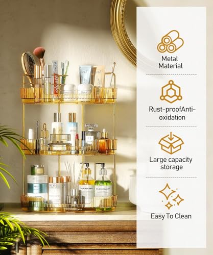EUHOME 3-Tier Corner Bathroom Counter Organizer Makeup Cosmetic Storage, Tool-Free Installation Acrylic Vanity Shelf, Countertop Storage Organizers Perfume Tray for Bathroom, Dresser, Kitchen (Gold) - color: Gold, size: 9" x 9" x 20.5"