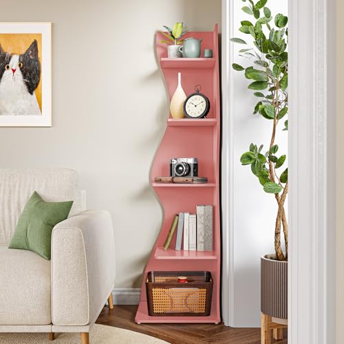 LITTLE TREE Small Corner Shelf, Modern 5-Tier Wall Corner Bookshelf, Stylish Bookcase Storage Rack for Small Space, Living Room, Bedroom, Pink, 1 Pack - color: Pink, size: 1 Pack