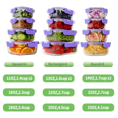 HOMBERKING 24pc Glass Food Storage Containers with Lids, Glass Meal Prep Containers, Airtight Bento Boxes, BPA Free & Leak Proof, Pantry Kitchen Storage(12 lids & 12 Containers) - Purple - color: Purple