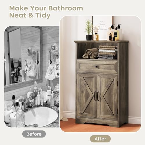Floor Cabinet, Farmhouse Storage Cabinet with Barn Doors and Drawer, Freestanding Adjustable Shelf Organizer for Bathroom, Kitchen, Living Room Grey - color: Grey, size: 39.4"H x 23.6"W x 11.8"D