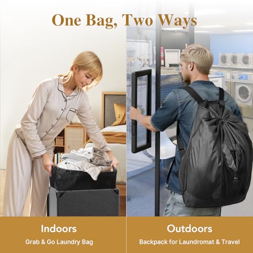 Foluck 60L 2-in-1 Laundry Hamper with Laundry Backpack, Waterproof Basket with Lid, Laundry Bag with Shoulder Straps and Mesh Pocket, Hamper for College Dorm, Travel, Apartment, Laundromat