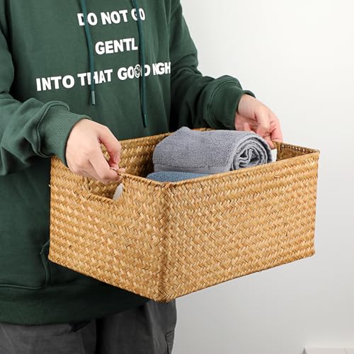 Hipiwe Seagrass Storage Baskets Bin for Shelf Handwoven Wicker Baskets Built-in Handles Rectangular Closet Bedroom Organizer Box Multipurpose Woven Basket Bins,14.6"x 10.6"x 7.1" - color: Caramel, size: Large,14.6"x10.6"x7"