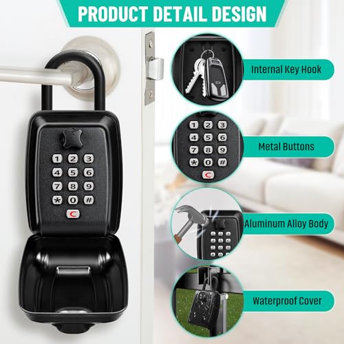 Key Lock Box for Outside, Sturdy Waterproof Hanging Lock Box for House Key, 12-Digit Combination Resettable Large Capacity Security Lockbox for Home, Garage, Office, Warehouse - color: B-Black