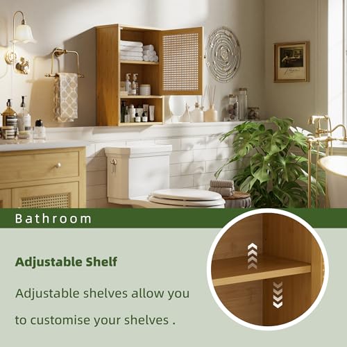 Bathroom Wall Cabinet, Bamboo Over-The-Toilet Storage Organizer with Rattan Doors and Adjustable Shelf, Space Saver Medicine Cabinet for Laundry, Kitchen, Living Room (Natural) - color: Natural