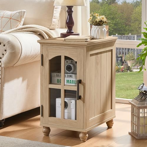 Narrow Side Table Set of 2,Farmhouse Nightstand with Charging Station,End Table with Glass Barn Door Storage, Cabinet Organizer with Adjustable Shelf, Night Stand for Small Spaces Living Room Bedroom - color: Natural Wood, size: Set 2