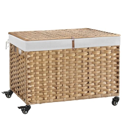 Rolling Storage Basket with Lid, 47.6 Gallon (180L) Storage Bin with Wheels, Woven Rattan Blanket Storage Basket with Handles, Foldable, Metal Frame, Removable Liner for Bedroom, Laundry Room, Natural - color: Natural
