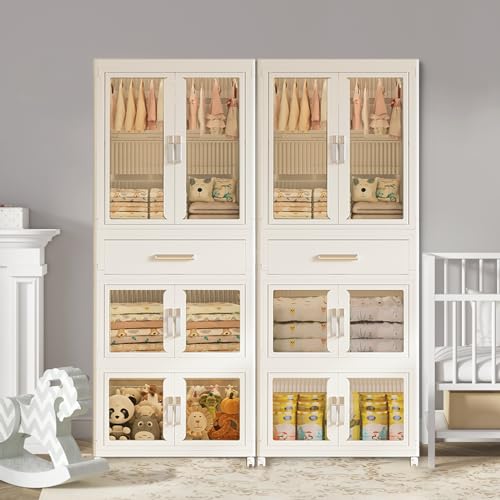 Portable Kids Wardrobe Closet with Doors, Plastic Baby Wardrobe Storage Cabinet with Hanging Rod Children's Clothes Closet Costume Storage Organizer (1 Pack)