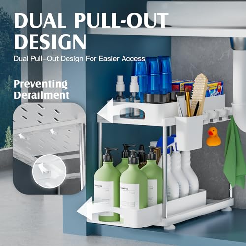 VERIFOST 2 Pack Under Sink Organizers and Storage, Double Sliding Kitchen Cabinet Organizer, 2 Tier Height Adjustable Countertop Organizer for Kitchen Bathroom Laundry, White - color: White