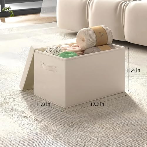 Large Collapsible Fabric Storage Bins with Lids (2-Pack) - 17.5x12x11.5 Inch Cotton Linen Organizers, Foldable Closet & Bedroom Storage Baskets with Handles, Off-White - size: XL