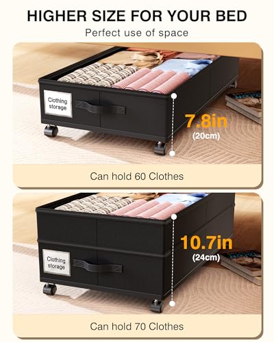 Under Bed Storage with Wheels,2Pack Underbed Shoe Storage Organizer,7.5-10.6 inchTall Adjustable Storage for Underbed with Lids,65L Extra large capacity for Clothes, Blankets,Shoes - size: 2pcs
