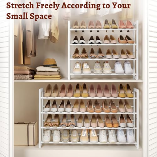 FAVOOSTY 4-Tier Expandable Shoe Rack, Adjustable Shoe Shelf Storage Organizer Space Saving Metal Free Standing Shoe Rack for Entryway Closet Doorway, White - color: White, size: 4 Tier