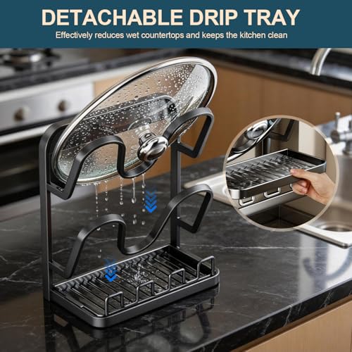 Kitchen Pot Lid Storage Rack: Carbon Steel Double-Layer Holder & Spoon Rest with Removable Drip Tray, Pot Cover Holder While Cooking, Pot Lid Organizer for Kitchen Counter Space Saving(Gray)