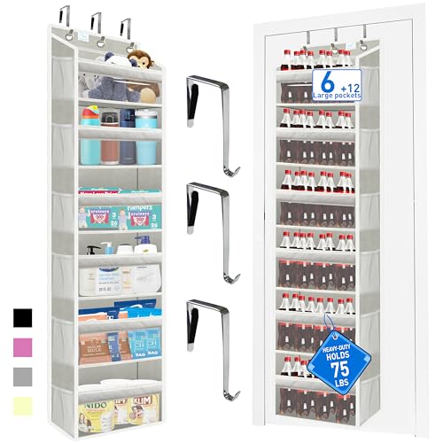 over the door organizer, Solid Bamboo Board (Not Plastic!) 6-Tier Heavy Duty 75LB, 12 Side Pockets, 3 Reinforced Hooks & Anti-Slip Pads, Waterproof & Washable, No Sagging, No Door Damage,Grey - color: over door organizer-Grey