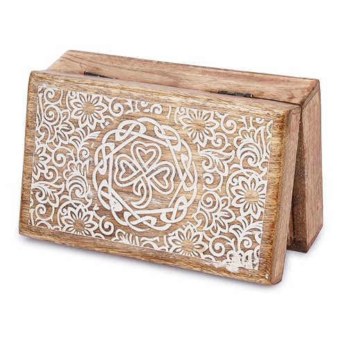 Ajuny Mango Wood Jewelry Box – Hand-Carved Celtic Knot Keepsake/Memory Box, Decorative Trinket & Treasure Chest Organizer, Handmade Gift for Women & Men, Travel Friendly, 8x5 Inch - style: Center Flower Des