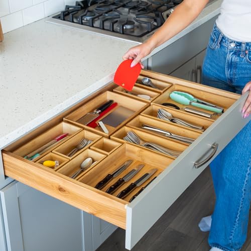 Grow Forward Bamboo Drawer Organizer Boxes - Set of 14 Wooden Drawer Organizers for Kitchen, Bathroom, Office, Desk, Vanity, Makeup - Non-Slip Junk Drawer Organizer Trays for Storage and Organization - size: 14-piece