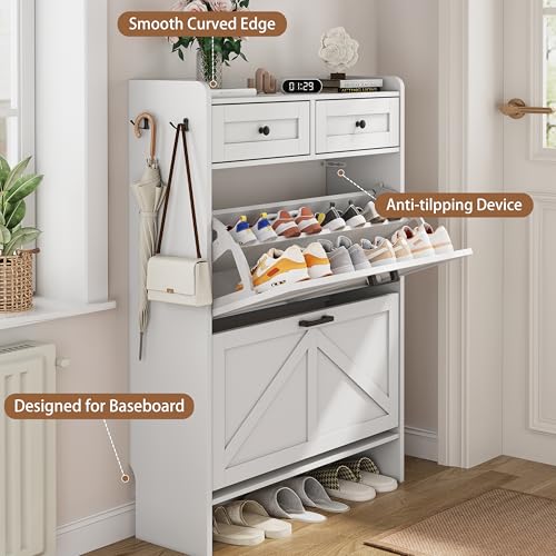 Shoe Cabinet with 2 Flip Drawers & 2 Top Drawers, 43" Tall Freestanding Narrow Wooden Shoe Storage Organizer for Entryway, Hidden Slim Shoe Rack for Front Door Entrance, Hallway, Living Room, White - color: White, size: 2 Flip Drawers