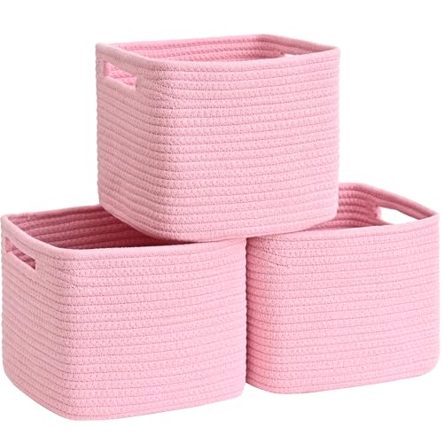 3 Pack Cube Storage Bin, 9”x9”x7” Cotton Rope Woven Baskets for Organizing Toys Clothes Towels, Square Gift Storage Baskets for Shelves, Nursery, Closet, Bathroom, Pantry (Pink) - color: Pink, size: 9" x 9" x 7"