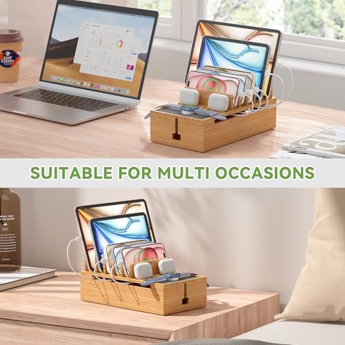 Pezin & Hulin Bamboo Charging Stand Rack, Wooden Charge Box for Mobile Phones, Tablets, Smart Watch and Earbuds, Wire Cable Organizer Box, Bedside Dock Stand Holder (NO Power Adapter Supply) -Natural - color: Natural (No Charger)