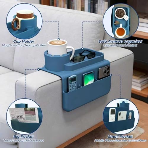 Silicone Couch Cup Holder Tray, 3-Side Sofa Armrest Organizer with Secure Gear-Shaped Locking Holder & Large Tablet Slot, Non-Slip Weighted Armchair Caddy, Couch Accessories (Blue) - color: Blue