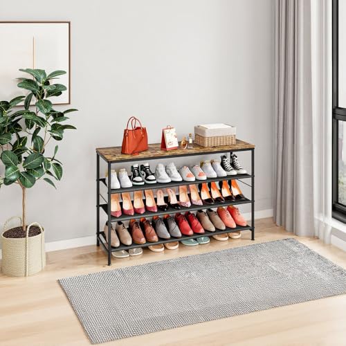 INGIORDAR Shoe Rack Organizer 5 Tier Metal Organizer Shelf with Industrial MDF Board and Layer Fabric for Entryway Closet Bedroom Living Room Garage (Black+Rustic Brown, 4 Tier(47.2" W)) - color: Black+rustic Brown, size: 4 Tier(47.2"W)