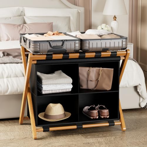 Bamboo Luggage Rack with 4 Storage Compartments, Foldable Suitcase Stand for Guest Room, 150lbs Capacity, Sturdy, Space-Saving and Easy to Assemble Organizer - color: Walnut 1 Pcs