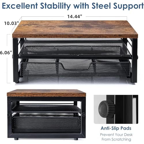 ARCOBIS Monitor Riser with Drawers and Pen Holders, Wood & Mesh Metal Computer Monitor Stand with Storage for Desk, Rustic Brown