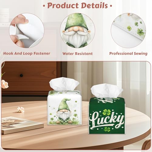 St.Patricks Day Tissue Box Cover Square,Lucky Four Leaf Clover Gnomes Tissue Box Holder Leather Facial Paper Case Modern Home Decoration for Bathroom Kitchen Bedroom Night Stands, 2 Pcs - color: Four Leaf Clover Gnomes