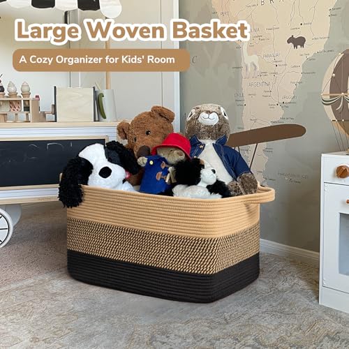 Goodpick Woven Blanket Basket, 21.6" x 14.9" x 11.8" Wicker Laundry Basket for Clothes, Storage Baskets for Organizing, Rectangle Rope Large Baskets for Storage, Black Jute - color: Black Jute, size: Large(21.6"L x 14.9"W x 11.8"H)