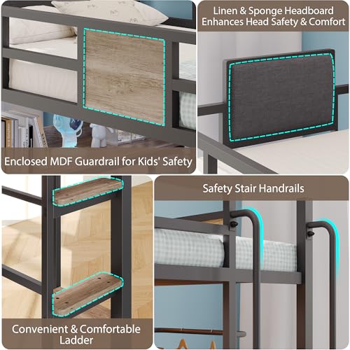 Dnxao Full Loft Bed with Desk and 5 Storage Drawers, Loft Bed Full Size with 1 Bedside Organizer,Removable Ladder, LED Lights and Charging Station,Clothes Rail,Safety Guard,Oak Gray | Clothes Rail, Safety Guard, 1 Bedside Organizer - color: Oak Gray, size