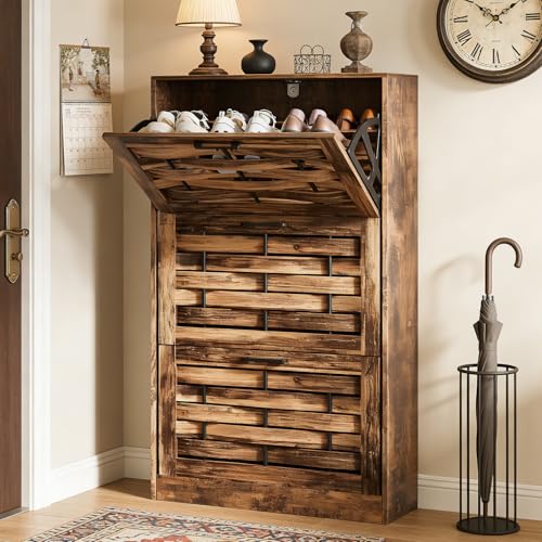 Farmhouse Shoe Cabinet Storage with 3 Flip Drawers for Entryway, Slim Shoe Rack Cabinet with Woven Design Drawers, Narrow Shoe Organizer for Hallway, Apartment, Rustic Brown - color: Rustic Brown, size: 3 Drawers