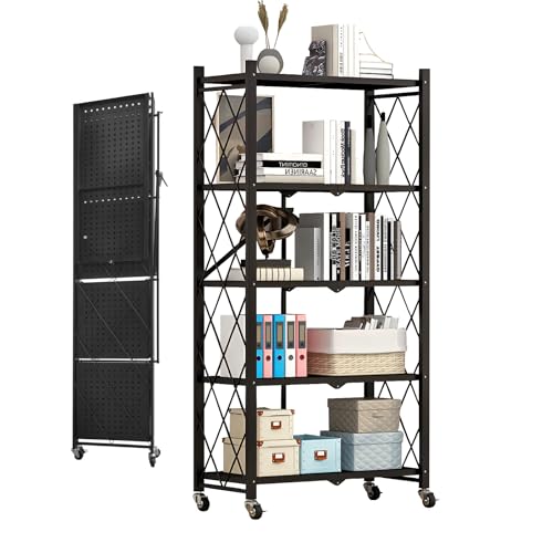 Heavy Duty 5-Tier Foldable Storage Shelf with Locking Wheels, No Assembly Metal Shelving Unit, Space-Saving Organizer for Garage, Kitchen, Basement, Pantry, 28" x 14" x 62", Black (1)