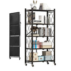 Heavy Duty 5-Tier Foldable Storage Shelf with Locking Wheels, No Assembly Metal Shelving Unit, Space-Saving Organizer for Garage, Kitchen, Basement, Pantry, 28" x 14" x 62", Black (1)