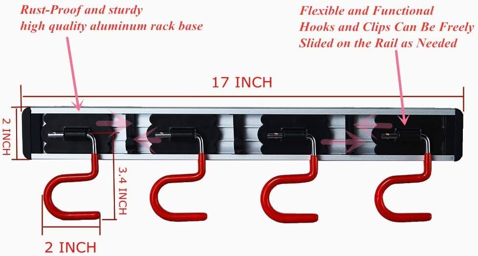 Wall Mounted Mop and Broom Holder, Stainless Steel, Red Black, 34 Inches, 8 Position Rack with 6 Hooks, S Type Organizer - size: 34inch