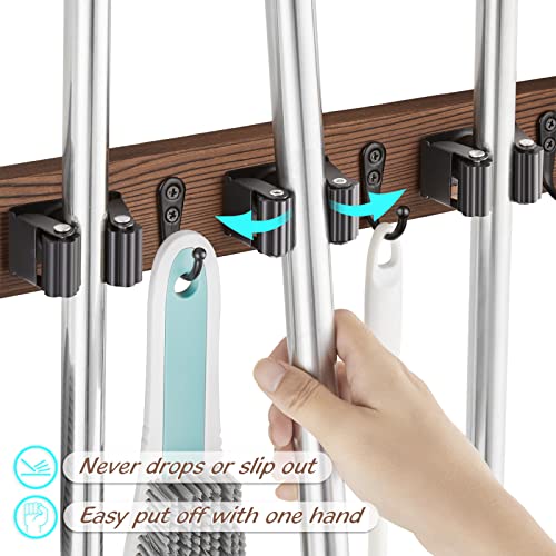 OUTNILI Mop Broom Holder Wall Mount with 3 Slots & 4 Hooks - Wood Broom Mop Hanger for Pantry Kitchen Organization - Garden Tool Organizer for Closet Laundry Room - for Rustic Farmhouse Kitchen Decor - color: Brown-3 Grips, size: 1 Pack