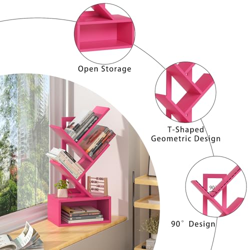 SHEEPAM Small Tree Book Shelf,5 Tier Black Tree Bookshelf,Desktop Bookcase,Modern Desk Display Storage Bookshelves,Floor Standing Organizer Bookcases for Living Room,Bedroom,Office - color: Pink, size: 5 Tier