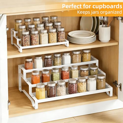 3-Tier Spice Rack Organizer, 13"-21.5" Expandable Spice Organization Shelf, Metal Seasoning Organizer for Kitchen Countertop or Pantry, Slip-Resistant Design for Jars and Bottles, White - color: White