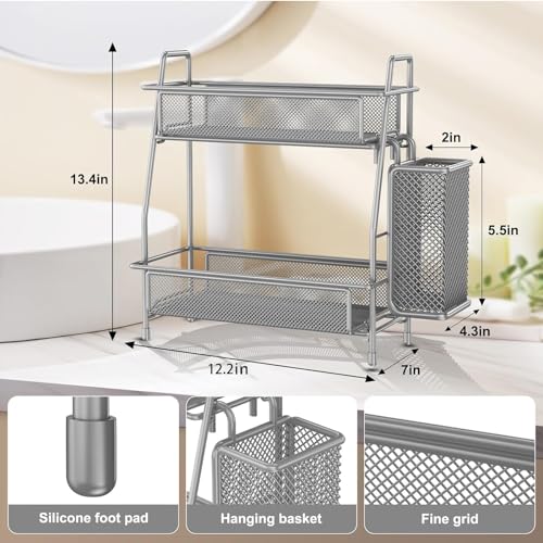 LEMIKKLE Spice Rack Organizer for Kitchen Counter, Spices Organizer and Storage Seasoning Organizer for Cabinet, Kitchen Metal Countertop Organizer with Side Basket (Grey) - color: Grey (Size: 7" x 12" x 13")