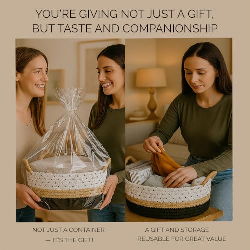 Yimi's Dream Cotton Rope Basket – Woven Gift Basket with Handles, Decorative Storage Basket for Baby Shower, Housewarming, Nursery, Toys, Laundry, Towels - color: brown&black with brown handle, size: Oval - 12"x8"x5"